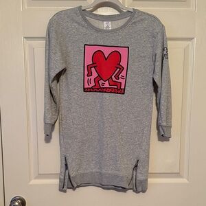 Gap Kids M Gray Keith Haring Sweatshirt dress with Pink Heart Design